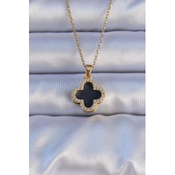 316L Çelik Gold Renk Siyah Mineli Zirkon Taşlı Yonca Figürlü Kolye - TJ-BKO9198