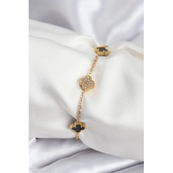 316L Çelik Gold Renk Siyah ve Zirkon Taşlı Baby Boy Yonca Kadın Bileklik - TJ-BB7953