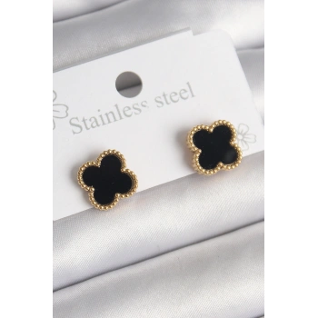 316L Çelik Gold Renk Siyah Yonca Model Kadın Küpe - TJ-BKP10199