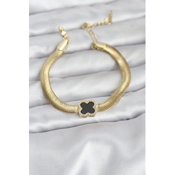 316L Çelik Gold Renk Siyah Yonca Model Zirkon Taşlı Yılan Zincirli Kadın Bileklik - TJ-BB8156