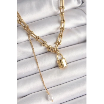316L Çelik Gold Renk Tiffany Zincir Model Kilit Figür Sallantı İnci Detay Kadın Kolye - TJ-BKO9938