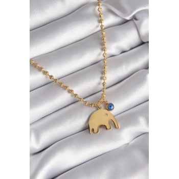 316L Çelik Gold Renk Top Zincir Model Fil Figür Nazar Boncuk Detay Kadın Kolye - TJ-BKO8342