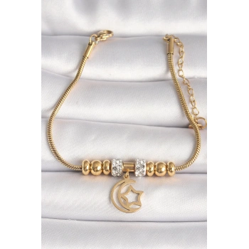 316L Çelik Gold Renk Tüp Zincir Zirkon Taş Detaylı Sallantı Ay Yıldız Figür Kadın Bileklik - TJ-BB6759