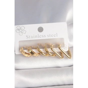 316L Çelik Gold Renk Üçgen Halka Model Kadın Küpe Seti - TJ-BKP10390