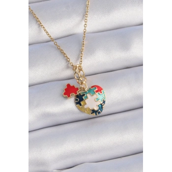 316L Çelik Gold Renk Yapboz Motif Kalp Figür Charm Model Kadın Kolye - TJ-BKO9316