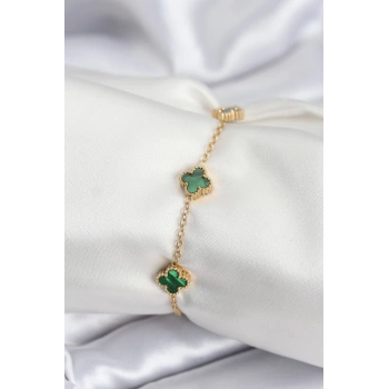 316L Çelik Gold Renk Yeşil Baby Boy Yonca Kadın Bileklik - TJ-BB7944