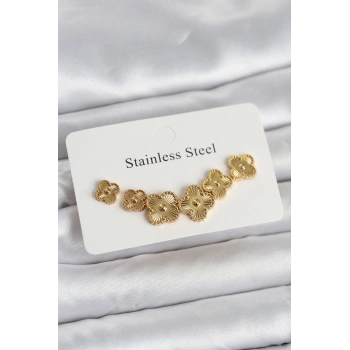 316L Çelik Gold Renk Yonca Küpe Seti - TJ-BKP11699