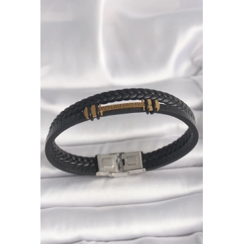 316L Çelik Gold Renk ZikZak İşlemeli Aksesuarlı Çift Sıra Burgu Desenli Deri Kordon Erkek Bileklik - TJ-EB3705