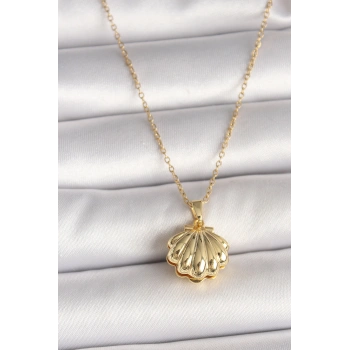 316L Çelik Gold Renk Zincir Açılır İncili Midye Model Kadın Kolye - TJ-BKO9994