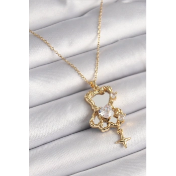 316L Çelik Gold Renk Zincir Ayna Ayıcık Model Zirkon Taşlı Kalp Model Kadın Kolye - TJ-BKO9626