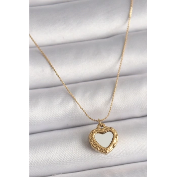 316L Çelik Gold Renk Zincir Aynalı Kalp Model Kadın Kolye - TJ-BKO9784
