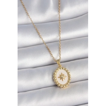 316L Çelik Gold Renk Zincir Beyaz Mineli Kutup Yıldız İşlemeli Madalyon Model Kadın Kolye - TJ-BKO10063