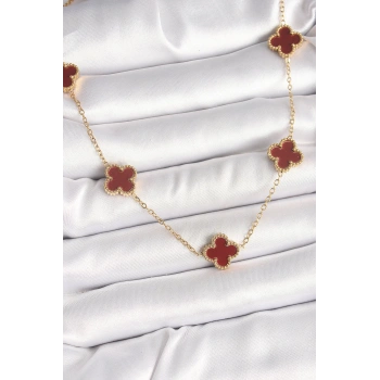 316L Çelik Gold Renk Zincir Bordo Yonca Model Kadın Kolye - TJ-BKO9926