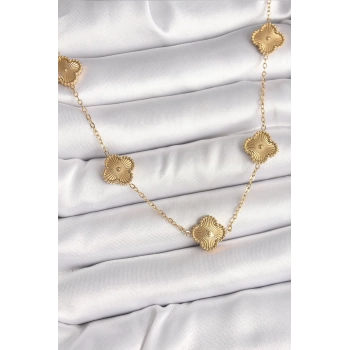 316L Çelik Gold Renk Zincir İşlemeli Yonca Model Kadın Kolye - TJ-BKO9924