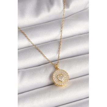 316L Çelik Gold Renk Zincir Madalyon Zirkon Taşlı Kalp Model Kadın Kolye - TJ-BKO9946