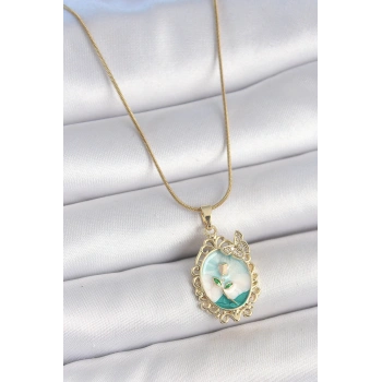 316L Çelik Gold Renk Zincir Mavi Mineli Çiçek İşlemeli Zirkon Taş Detaylı Portre Model Kadın Kolye - TJ-BKO10183