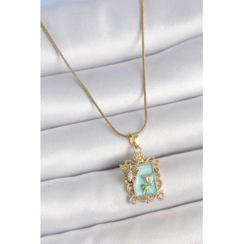 316L Çelik Gold Renk Zincir Mavi Mineli Çiçek İşlemeli Zirkon Taşlı Kelebek Detay Portre Model Kadın Kolye - TJ-BKO10189