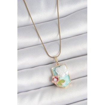 316L Çelik Gold Renk Zincir Mavi Mineli İncili Çiçek İşlemeli Portre Model Kadın Kolye - TJ-BKO10187