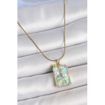 316L Çelik Gold Renk Zincir Mavi Mineli İncili Çiçek İşlemeli Portre Model Kadın Kolye - TJ-BKO10191