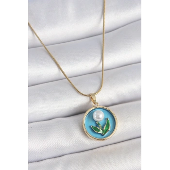 316L Çelik Gold Renk Zincir Mavi Mineli İncili Çiçek İşlemeli Portre Model Kadın Kolye - TJ-BKO10168