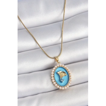 316L Çelik Gold Renk Zincir Mavi Mineli İncili Zirkon Taşlı Çiçek İşlemeli Portre Model Kadın Kolye - TJ-BKO10196
