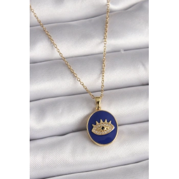 316L Çelik Gold Renk Zincir Mavi Mineli Zirkon Taşlı Göz İşleme Kadın Kolye - TJ-BKO9505