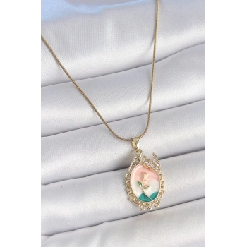 316L Çelik Gold Renk Zincir Mix Renk Çiçek İşlemeli Zirkon Taş Detaylı Portre Model Kadın Kolye - TJ-BKO10182