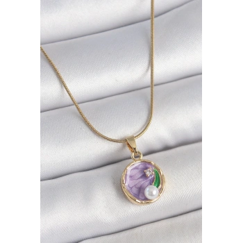 316L Çelik Gold Renk Zincir Mor Çiçek İşlemeli Zirkon Taş İnci Detaylı Minimal Portre Model Kadın Kolye - TJ-BKO10134