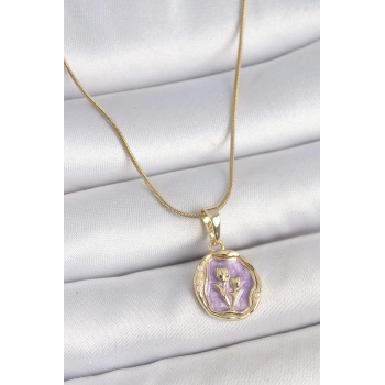 316L Çelik Gold Renk Zincir Mor Mineli Çiçek İşlemeli Portre Model Kadın Kolye - TJ-BKO10164