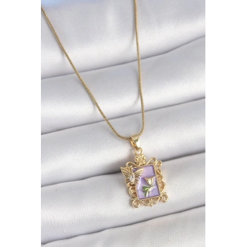 316L Çelik Gold Renk Zincir Mor Mineli Çiçek İşlemeli Zirkon Taşlı Kelebek Detay Portre Model Kadın Kolye - TJ-BKO10190
