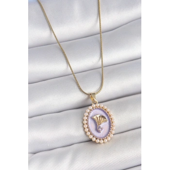 316L Çelik Gold Renk Zincir Mor Mineli İncili Zirkon Taşlı Çiçek İşlemeli Portre Model Kadın Kolye - TJ-BKO10195