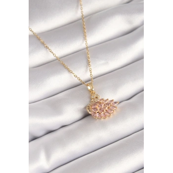 316L Çelik Gold Renk Zincir Pembe Zirkon Taşlı Kuğu Model Kadın Kolye - TJ-BKO8400