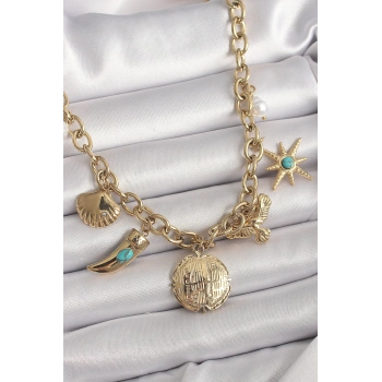 316L Çelik Gold Renk Zincir Sallantılı Çoklu Figür Model Kadın Kolye - TJ-BKO9849