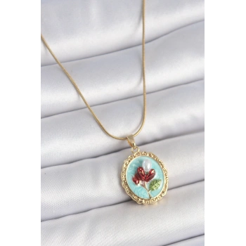316L Çelik Gold Renk Zincir Turkuaz Mineli İncili Çiçek İşlemeli Portre Model Kadın Kolye - TJ-BKO10157