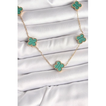 316L Çelik Gold Renk Zincir Yeşil Yonca Model Kadın Kolye - TJ-BKO9925