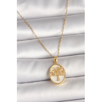316L Çelik Gold Renk Zincir Zirkon Taş Detaylı Beyaz Mineli Ağaç İşlemeli Portre Model Kadın Kolye - TJ-BKO9982