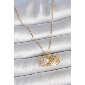 316L Çelik Gold Renk Zincir Zirkon Taşlı Açılır İncili Elmas Model Kadın Kolye - TJ-BKO10049