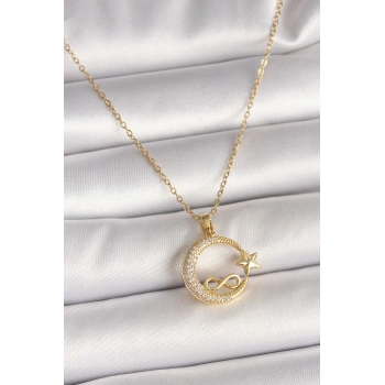 316L Çelik Gold Renk Zincir Zirkon Taşlı Ay Yıldız Model Sonsuzluk Detay Kadın Kolye - TJ-BKO10000