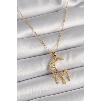 316L Çelik Gold Renk Zincir Zirkon Taşlı Hilal Model Sallantı Yaprak Detay Kadın Kolye - TJ-BKO9650