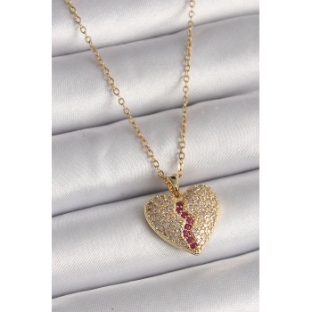 316L Çelik Gold Renk Zincir Zirkon Taşlı Kalp Model Kadın Kolye - TJ-BKO9644
