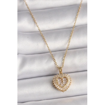 316L Çelik Gold Renk Zincir Zirkon Taşlı Kalp Model Kadın Kolye - TJ-BKO9786