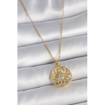 316L Çelik Gold Renk Zincr Mavi Taşlı Lotus Model Kadın Kolye - TJ-BKO10061