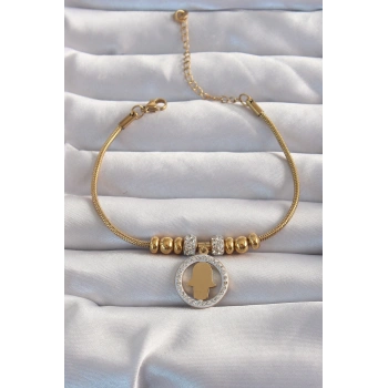 316L Çelik Gold Renk Zirkon Taş Aksesuarlı Fatma Ana Eli Bileklik - TJ-BB6233