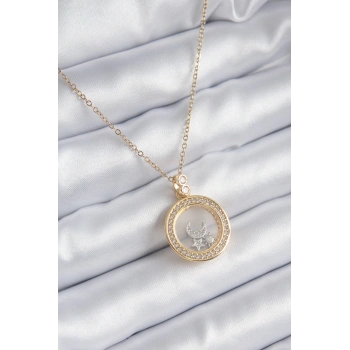 316L Çelik Gold Renk Zirkon Taş Detay Ay Yıldız Fanus Model Kadın Kolye - TJ-BKO8194