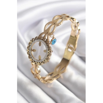 316L Çelik Gold Renk Zirkon Taş Sonsuzluk Detay Çeyrek Altın Takılabilir Kadın Kelepçe - TJ-BB5763
