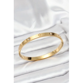 316L Çelik Gold Renk Zirkon Taşlı 65 mm Kadın Kelepçe Bileklik - TJ-BB7911