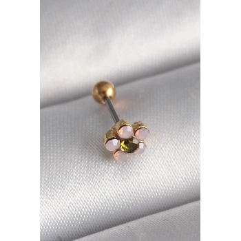 316L Çelik Gold Renk Zirkon Taşlı Çiçek Tragus Piercing - TJ-PR1276