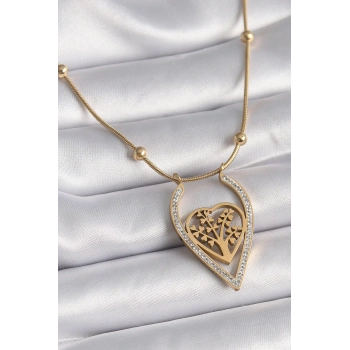 316L Çelik Gold Renk Zirkon Taşlı Detaylı Kalp Fidan Model Kadın Kolye - TJ-BKO9405
