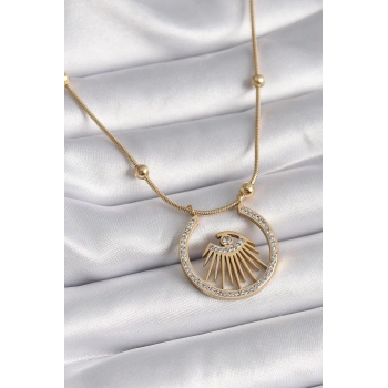 316L Çelik Gold Renk Zirkon Taşlı Göz Model Kadın Kolye - TJ-BKO9404