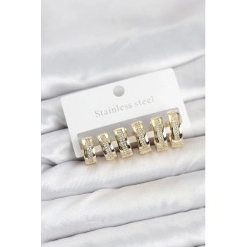 316L Çelik Gold Renk Zirkon Taşlı Halka Küpe Seti - TJ-BKP11526